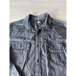 Rock & Republic Denim Shirt Mens Large Long Sleeve Button Up Faux Leather Gray